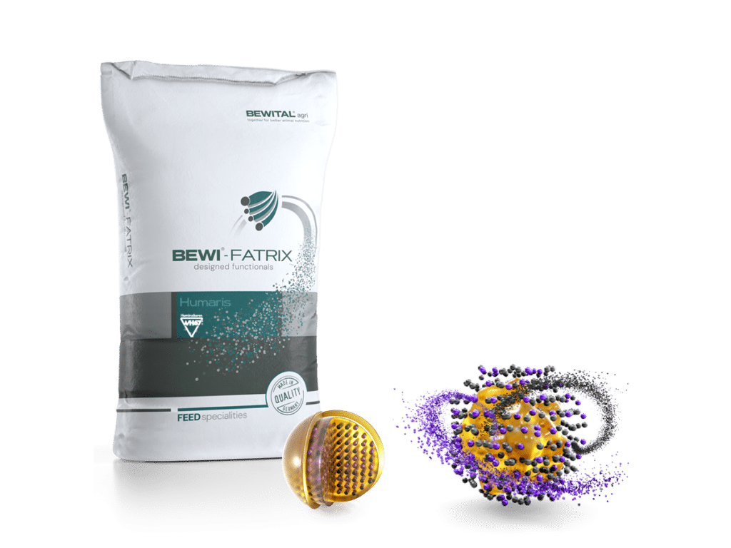 BEWI-FATRIX Humaris from Bewital agri: feed bag with illustration of the active ingredient capsule
