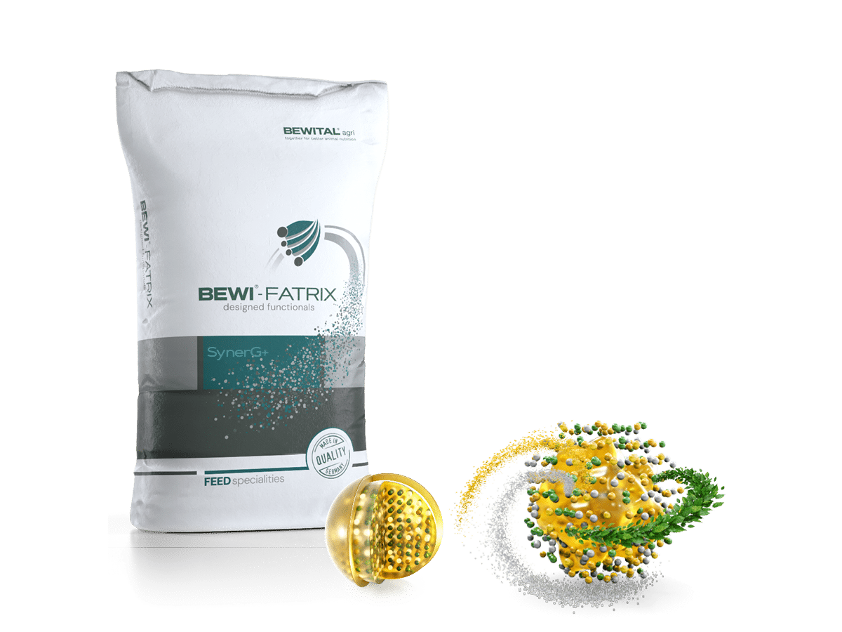 BEWI-FATRIX SynerG+ von Bewital agri: Futtersack mit Illustration der Wirkstoffkapsel