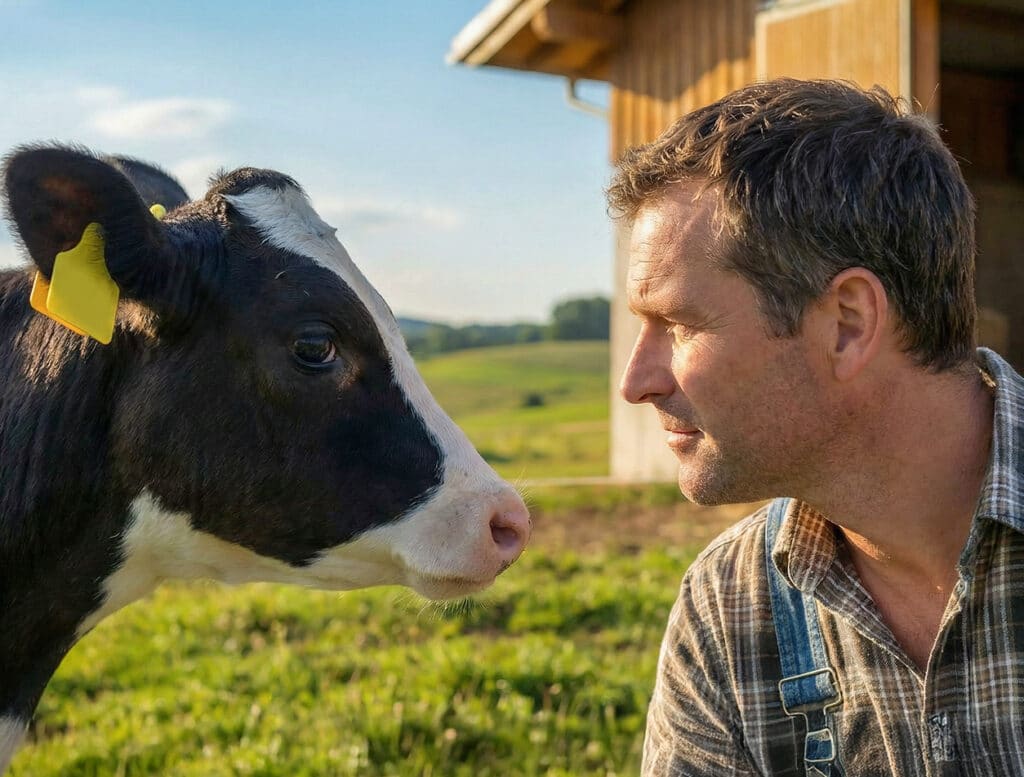 Bewital agri Farm Solutions Landwirt mit Kalb auf der Weise