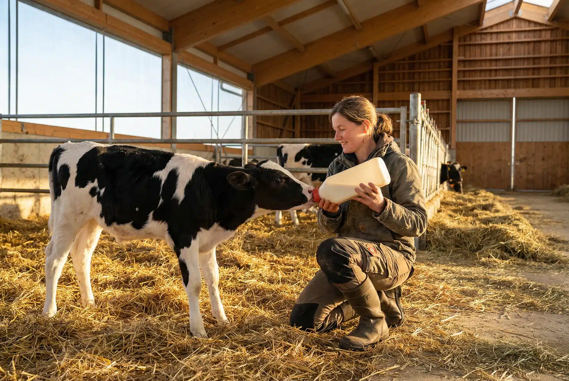 Bewital agri Farm Solutions schwarz weiß geflecktes Kalb / Kälber beim Tränken im Stall Thema Fütterung Durchfall