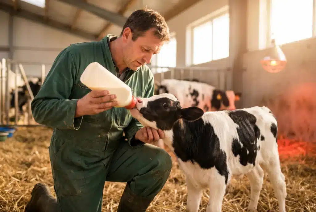 Bewital agri Farm Solutions schwarz weiß geflecktes Kalb / Kälber nach der Geburt im Stall beim Tränken Thema Kolostrum-Versorgung /-Fütterung