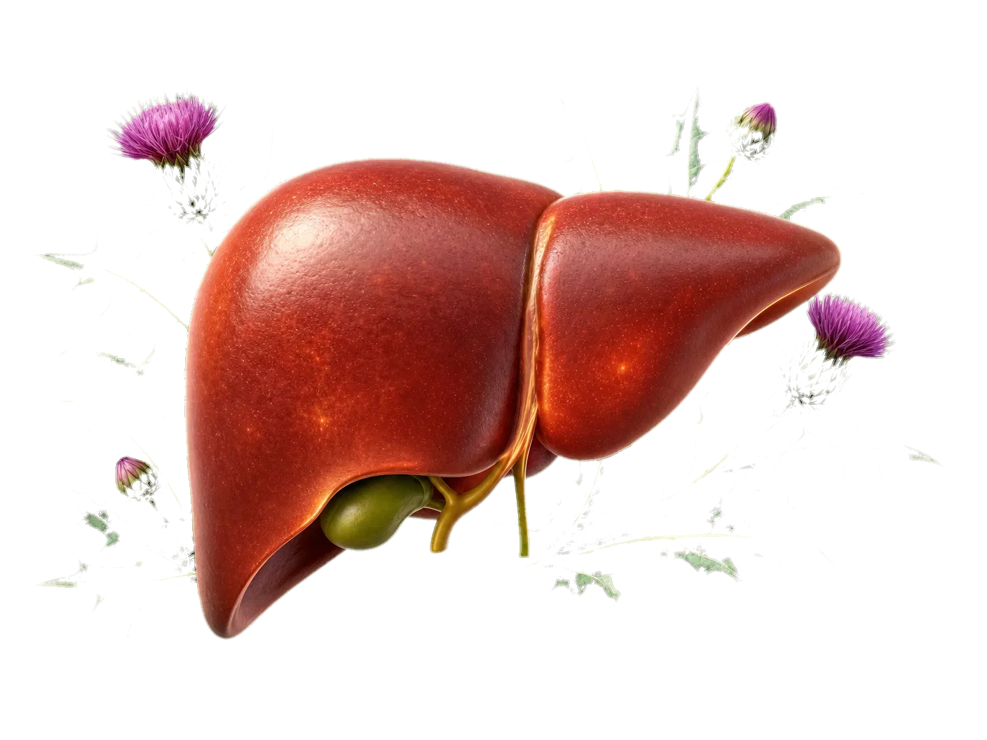 Bewital agri illustration of a liver surrounded by milk thistle flowers as a symbol for liver support (Gites)