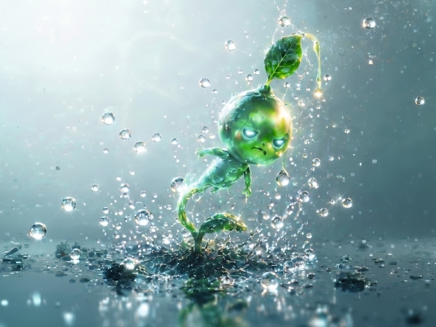 Designed to be a Hero von Bewital agri: kleine grüne Pflanzen-Figur mit Blatt, umgeben von Wassertropfen im Regen